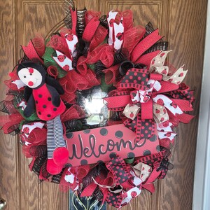 Ladybug Welcome Wreath Red& Black  Mesh Door record summer Ladybug  Front Door Wreath-Whimsical Farmhouse Porch Decor Summer Ladybug Decor