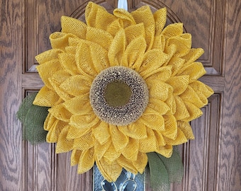 Realistic Burlap Sunflower Wreath,Summer Sunflower  Front Door Wreath,Rustic  Sunflower Porch Decor,Country Farmhouse
