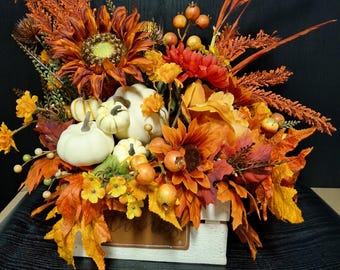 Fall Wood Crate Centerpiece, Rustic Fall Centerpiece for Thanksgiving Table,Autumn Kitchen Table Decor,Fall Gift, Hostess Gift