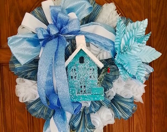 Winter Wreath, Blue, White, & Silver Holiday Cottage Decor