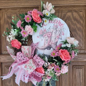 Rustic Western Floral Wreath, Pink Cowboy Boot Welcome Wreath for Front Door-Country Farmhouse Decor, Western Grapevine Wreath,Country Decor