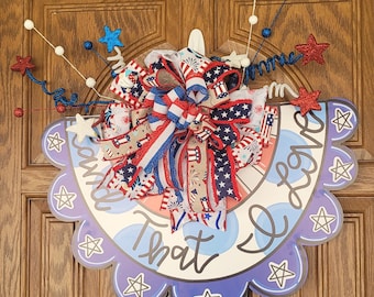 Land that I Love Patriotic Door Hanger  Red White and Blue Half Circle Sign with  Bow,4th of July Door Decor, Americana Star Wall Hanging