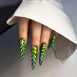 May include: Close-up of a hand with long, pointed nails painted with a green and yellow leaf design.