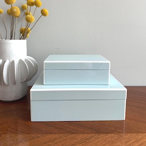 May include: Two light blue rectangular boxes, one stacked on top of the other, sit on a wooden surface. A white vase with a textured design holds yellow, spherical flowers. The background is a light gray wall.