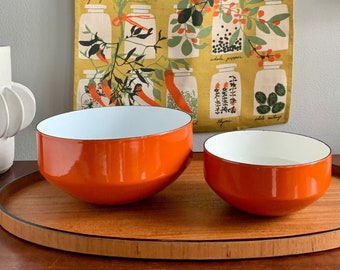 Vintage Copco Michael Lax Orange Enamel Bowls Large & Small Made in Switzerland Mid Century, MCM