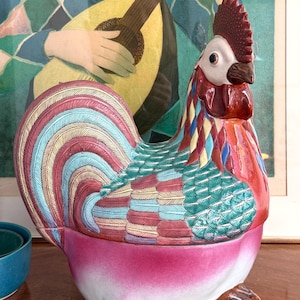 Chinese/Chinoiserie Porcelain Polychrome Rooster Soup Tureen 1950's