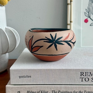 May include: A small, round, hand-painted ceramic bowl with a peach-colored exterior and a dark teal rim. The bowl features a floral design in black and coral. It sits atop a stack of books.