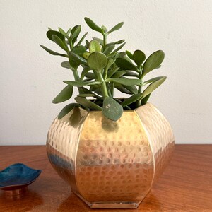 May include: A gold-colored, hammered metal planter with a geometric design, holding a green succulent plant. The planter has a round shape with a flat, hexagonal base. A small, blue dish sits to the left of the planter.