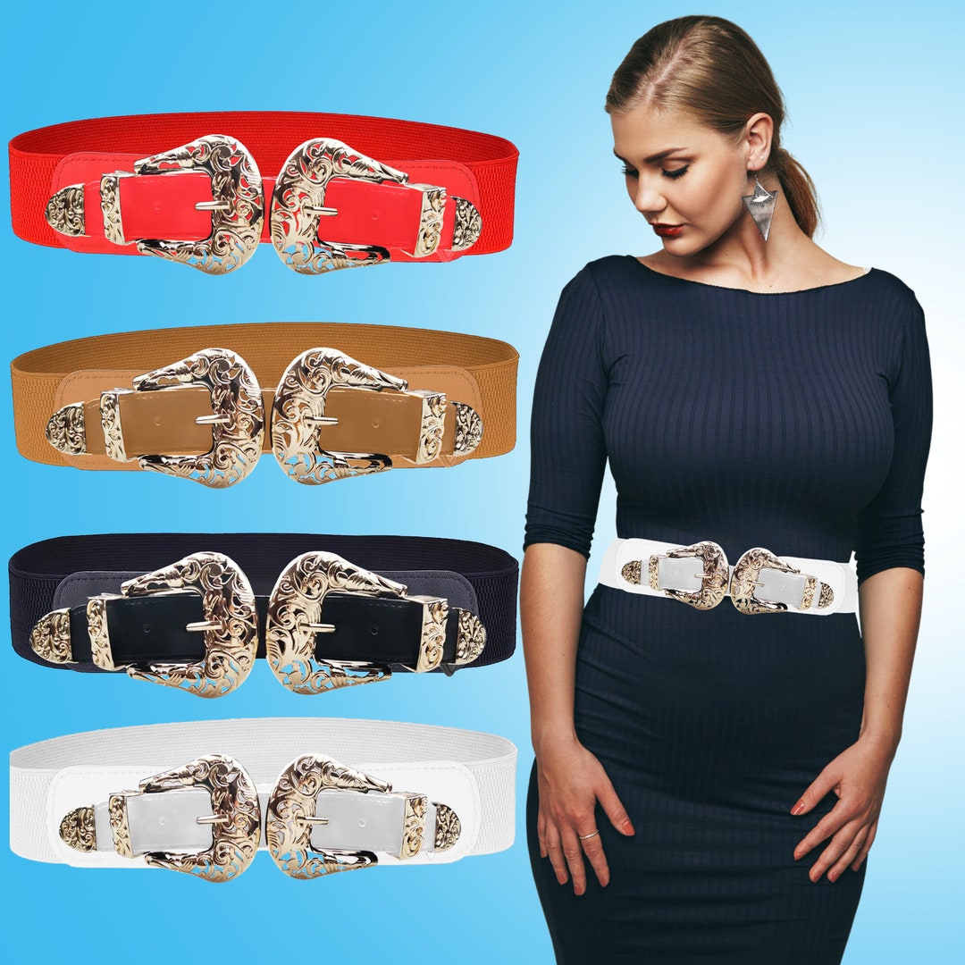 Double Buckle Western Belts for Women Vintage Carved Cinch Belt