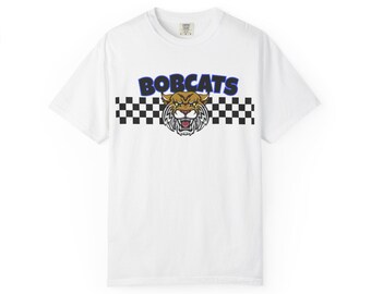 Camiseta con cabeza de tigre y tablero de ajedrez de los Bobcats / Gráfico de carreras retro