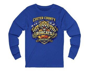 Camiseta de baloncesto de manga larga con la mascota de los Custer County Bobcats / Nombre del jugador en la parte posterior