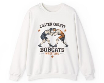 Sudadera de lucha libre de los Bobcats del condado de Custer con cuello redondo / Sudadera vintage de lucha libre de secundaria