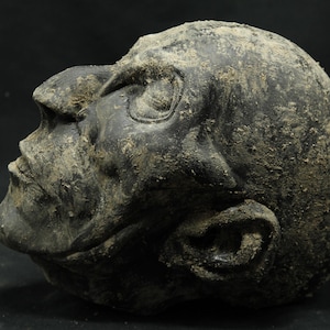 Puede incluir: Una escultura desgastada, de color gris oscuro, de una cabeza humana de perfil. La escultura tiene una superficie rugosa y texturizada con detalles visibles de la cara, incluyendo el ojo, la nariz, la boca y la oreja. La cabeza parece estar hecha de un material similar a la piedra.