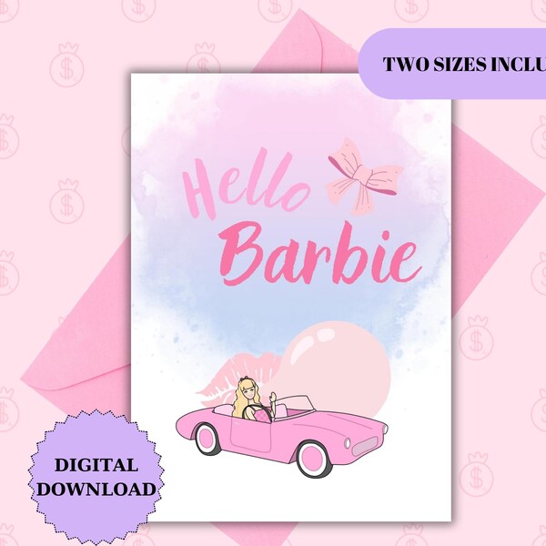 Hello Barbie card, Digital Card,Printable Barbie card instant download 7x5 inch cards, Barbie card to download