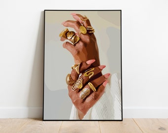 Black Woman Art Print: Gold Rings, Trendy Wall Decor (Digital Download)