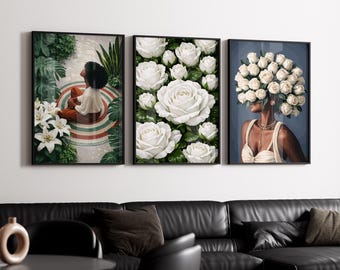 4er Set Kunst, schwarze Frau Kunst, Blumenkunst, schwarze Frau Wandkunst, schwarze Mädchen Wandkunst, afrikanische Wandkunst, schwarze Mädchen Kunst, Wandkunst, Modekunst