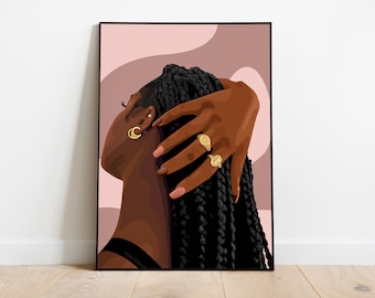 Black Woman Art Print: Braided Hair, Gold Jewelry (Digital Download)