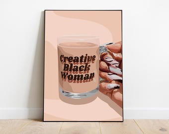 Arte del caffè, arte della donna nera, arte moderna, arte murale della donna nera, arte murale della ragazza nera, arte murale africana, arte della ragazza nera, arte murale digitale