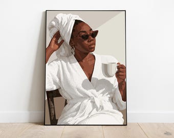 black art, black girl art, black woman wall art, black wall art, black woman art, black girl wall art, black art print, Drinking coffee art