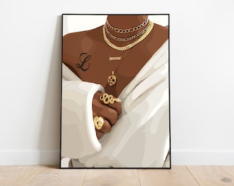 Customizable Black Woman Art Print: Gold Jewelry Portrait (Digital Download)
