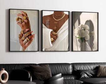 Black Woman Art Print 4 Set: Gold Jewelry, White Roses (Digital Download)