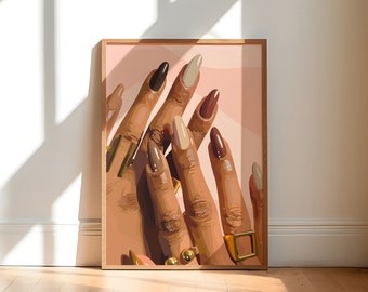 May include: Close-up of several hands with different colored nail polish. The nails are long and almond shaped. The hands are wearing gold rings.