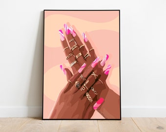 Black Woman Art Print: Pink Nails, Gold Rings (Digital Download)