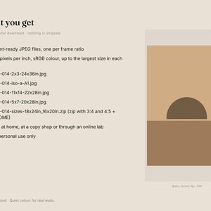 May include: A digital download listing featuring a graphic art print with a tan background, a dark brown semi-circle, and a brown rectangle. The text includes 'What you get', file specifications, and filenames like BOH-014-2x3-24x36in.jpg. The bottom text reads 'Boho Ochre No. 014'.