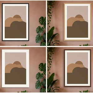 Puede incluir: Un conjunto de cuatro l&aacute;minas de arte mural enmarcadas que muestran un paisaje abstracto con formas superpuestas en tonos beige, tostado y marr&oacute;n oscuro. Cada l&aacute;mina tiene un marco rectangular en negro, madera clara, blanco o marr&oacute;n.