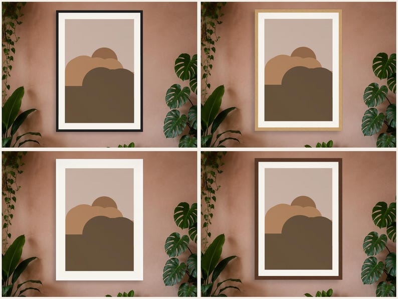 Puede incluir: Un conjunto de cuatro l&aacute;minas de arte mural enmarcadas que muestran un paisaje abstracto con formas superpuestas en tonos beige, tostado y marr&oacute;n oscuro. Cada l&aacute;mina tiene un marco rectangular en negro, madera clara, blanco o marr&oacute;n.
