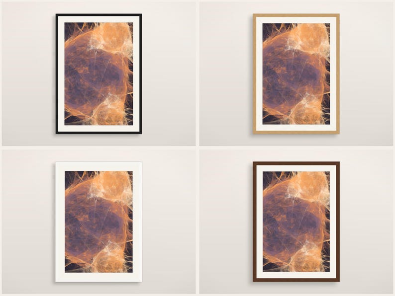May include: Four framed wall art prints featuring an abstract design with swirling orange and purple nebulous patterns. The set includes one black frame, one light wood frame, one white frame, and one dark brown frame, all displayed in a grid.