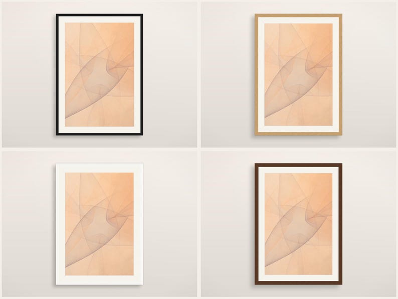 May include: Four framed wall art prints featuring an abstract design with soft peach and beige tones. The artwork displays delicate, intersecting gray lines creating a fluid, layered pattern. Each print is enclosed in a simple rectangular frame.