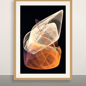 Puede incluir: Una impresi&oacute;n de arte mural enmarcada que presenta un dise&ntilde;o fractal abstracto con capas fluidas y transl&uacute;cidas en tonos crema, naranja y morado sobre un fondo negro s&oacute;lido, dentro de un marco de madera clara con borde blanco.