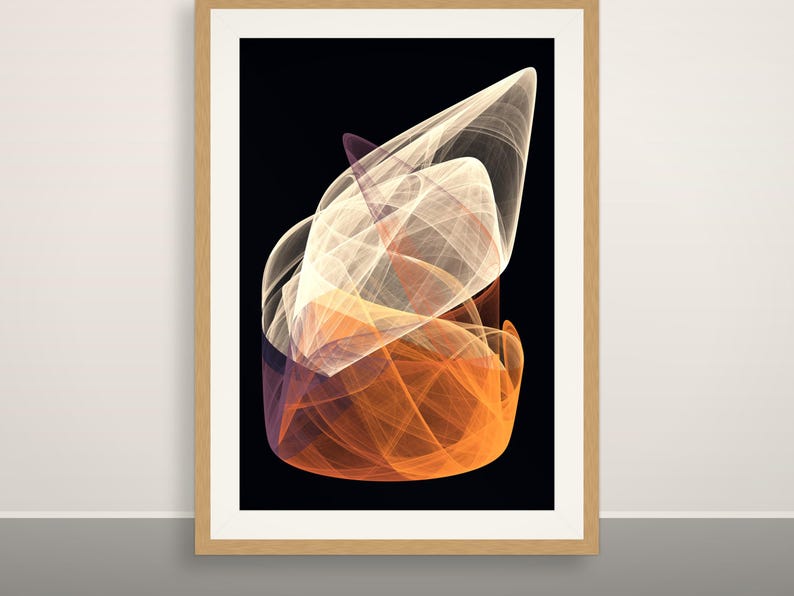 Puede incluir: Una impresi&oacute;n de arte mural enmarcada que presenta un dise&ntilde;o fractal abstracto con capas fluidas y transl&uacute;cidas en tonos crema, naranja y morado sobre un fondo negro s&oacute;lido, dentro de un marco de madera clara con borde blanco.