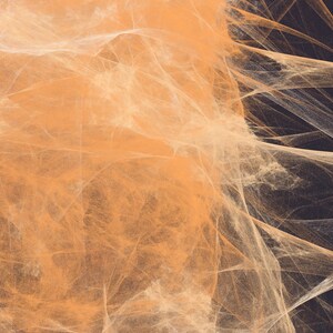 May include: An abstract digital composition featuring layered, translucent, web-like strands in shades of light orange and cream, contrasting against a dark charcoal background, creating a sense of depth and intricate, flowing movement.