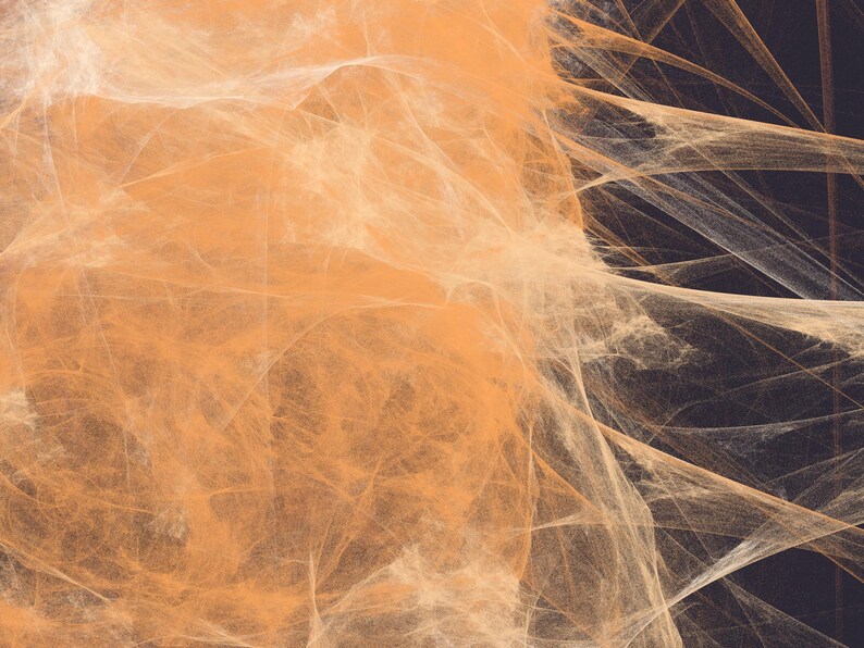 May include: An abstract digital composition featuring layered, translucent, web-like strands in shades of light orange and cream, contrasting against a dark charcoal background, creating a sense of depth and intricate, flowing movement.