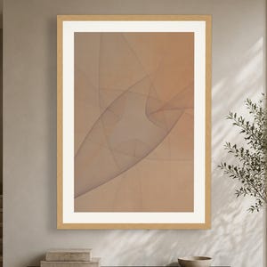 May include: A vertical rectangular wall art piece featuring a light tan background with overlapping, translucent, dark gray curved lines that create a subtle, abstract, flowing pattern. The artwork is enclosed in a light-colored wooden frame.