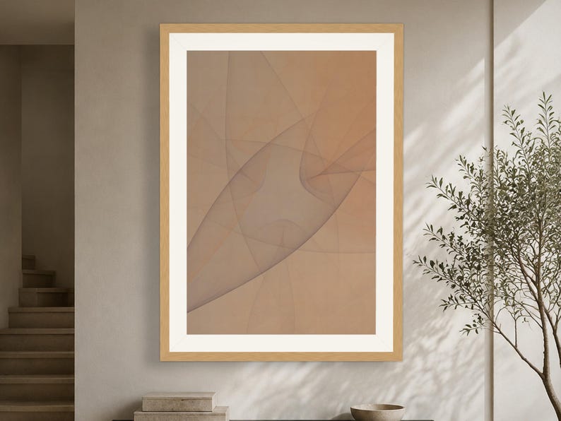 May include: A vertical rectangular wall art piece featuring a light tan background with overlapping, translucent, dark gray curved lines that create a subtle, abstract, flowing pattern. The artwork is enclosed in a light-colored wooden frame.