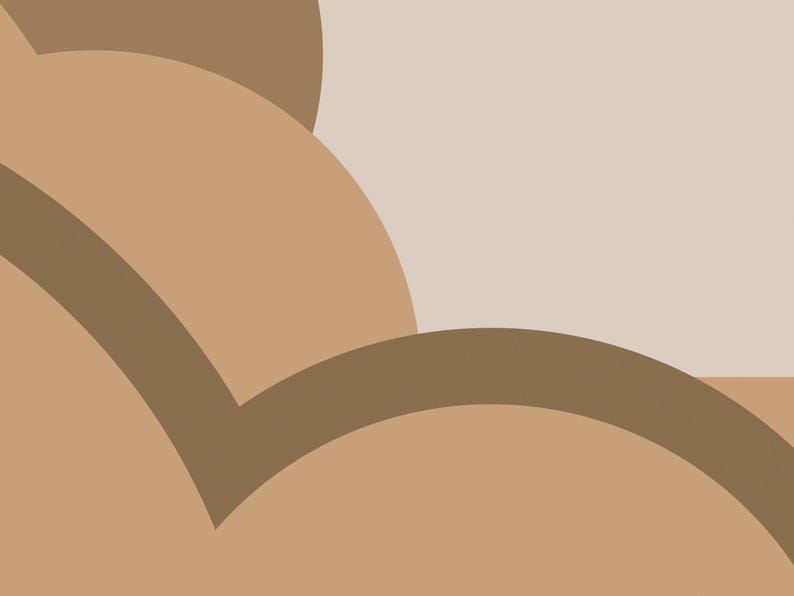 May include: A graphic design featuring overlapping circular and curved shapes in shades of beige, tan, and dark brown. The composition consists of smooth, solid-colored arcs and segments that create a layered, abstract pattern across the entire frame.