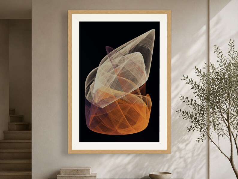 Puede incluir: Una impresi&oacute;n de arte mural enmarcada que presenta una composici&oacute;n digital abstracta con capas fluidas y transl&uacute;cidas en tonos crema, naranja y morado sobre un fondo negro, dentro de un marco de madera clara con un borde blanco.
