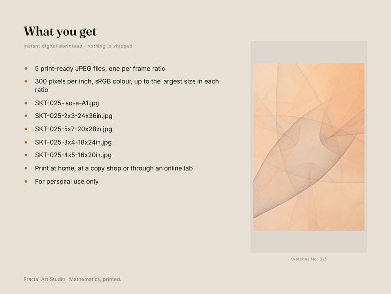 May include: A digital download listing titled What you get, featuring a list of five print-ready JPEG files with specific dimensions in inches, including 24x36in and 16x20in. To the right, a rectangular graphic displays abstract beige curved lines.