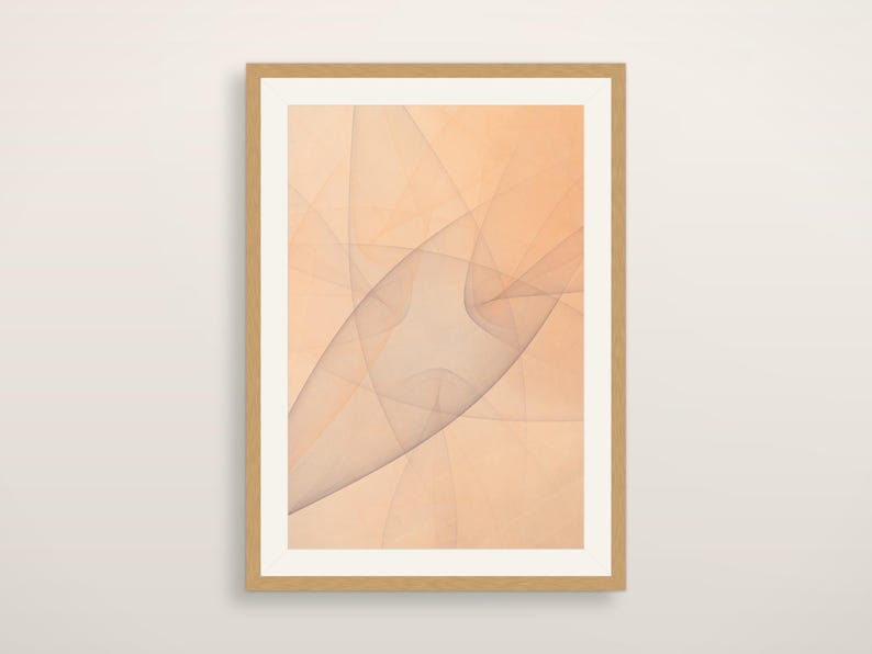 May include: A framed wall art piece featuring an abstract design with soft, overlapping peach and light orange curves. The artwork is enclosed in a light-toned wooden frame with a white mat border, creating a clean and balanced visual composition.