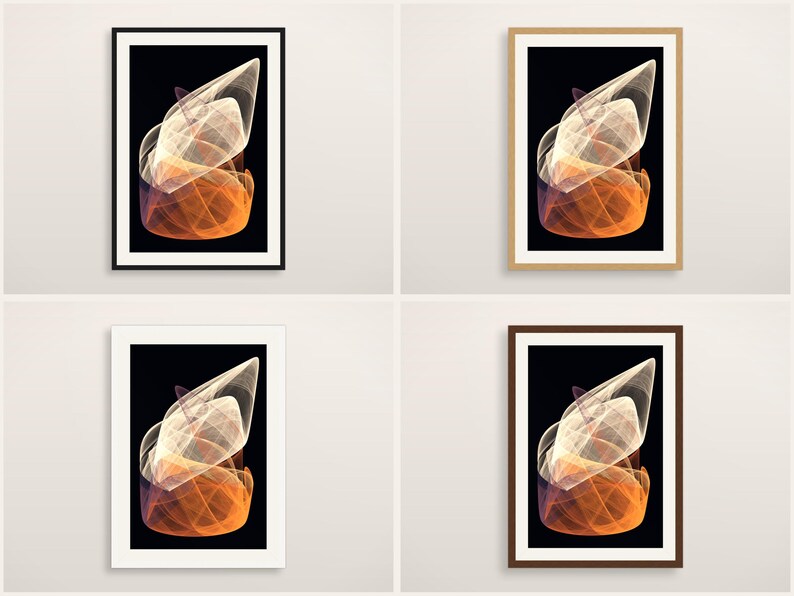 Puede incluir: Cuatro l&aacute;minas de arte mural enmarcadas con un dise&ntilde;o fractal abstracto de rayas de luz naranja, amarilla y blanca sobre un fondo negro s&oacute;lido. Los marcos se presentan en acabados negro, madera clara, blanco y madera oscura.