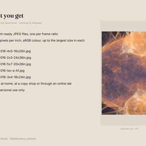 May include: A digital download product listing featuring an abstract fractal art image with orange and purple hues. The text includes 'What you get', a list of five JPEG files with specific dimensions in inches, and instructions for printing at home.