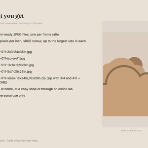 May include: A digital download product listing featuring a beige background with a list of six print-ready JPEG files and technical specifications. To the right, a vertical graphic displays a stylized brown cloud and sun illustration labeled Boho Ochre No. 011.