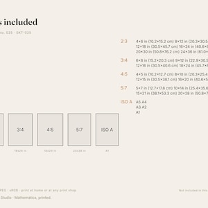 May include: A size guide chart titled Sizes included for Sketches No. 025 - SKT-025. It lists aspect ratios 2:3, 3:4, 4:5, 5:7, and ISO A with corresponding dimensions in inches and centimeters, alongside five rectangular icons representing these ratios.