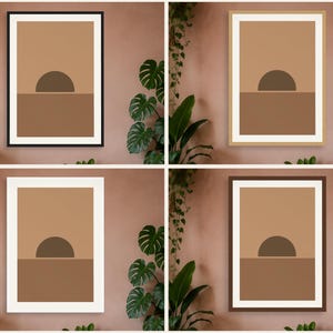 May include: A set of four framed wall art prints featuring a geometric sunset design. Each print displays a dark brown semi-circle above a solid brown horizontal band on a light tan background, enclosed in black, light wood, white, or dark brown frames.