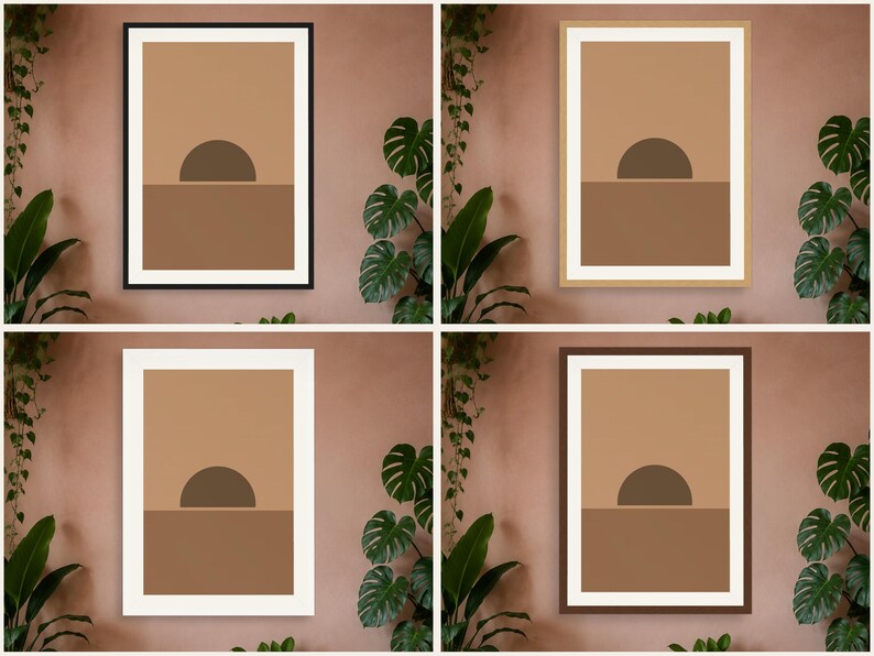 May include: A set of four framed wall art prints featuring a geometric sunset design. Each print displays a dark brown semi-circle above a solid brown horizontal band on a light tan background, enclosed in black, light wood, white, or dark brown frames.