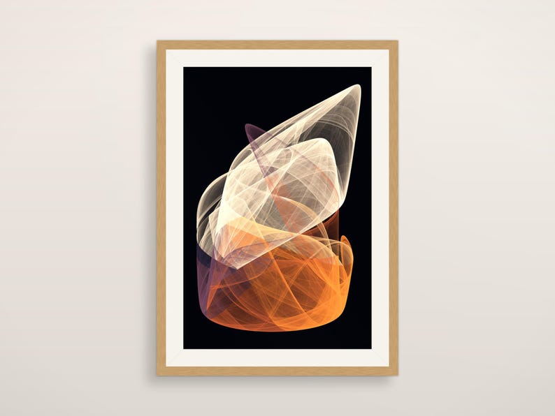 Puede incluir: Una l&aacute;mina de arte mural enmarcada que presenta un dise&ntilde;o abstracto central con capas fluidas y transl&uacute;cidas en tonos crema, naranja y morado sobre un fondo negro, dentro de un marco de madera clara con un borde de paspart&uacute; blanco.