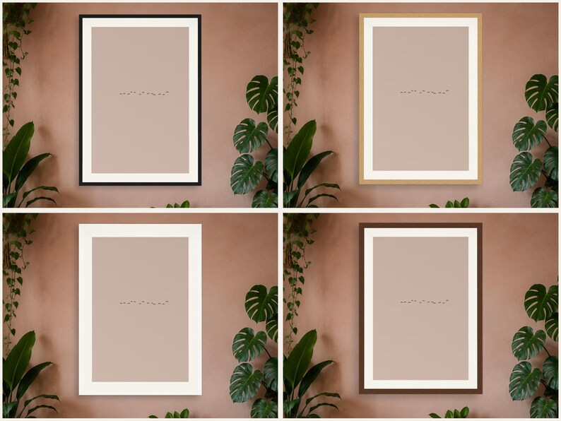 May include: A set of four rectangular wall art prints featuring a beige background and a small, centered line of black Morse code text. Each print is enclosed in a different frame: black, light wood, white, and dark brown, all with white matting.